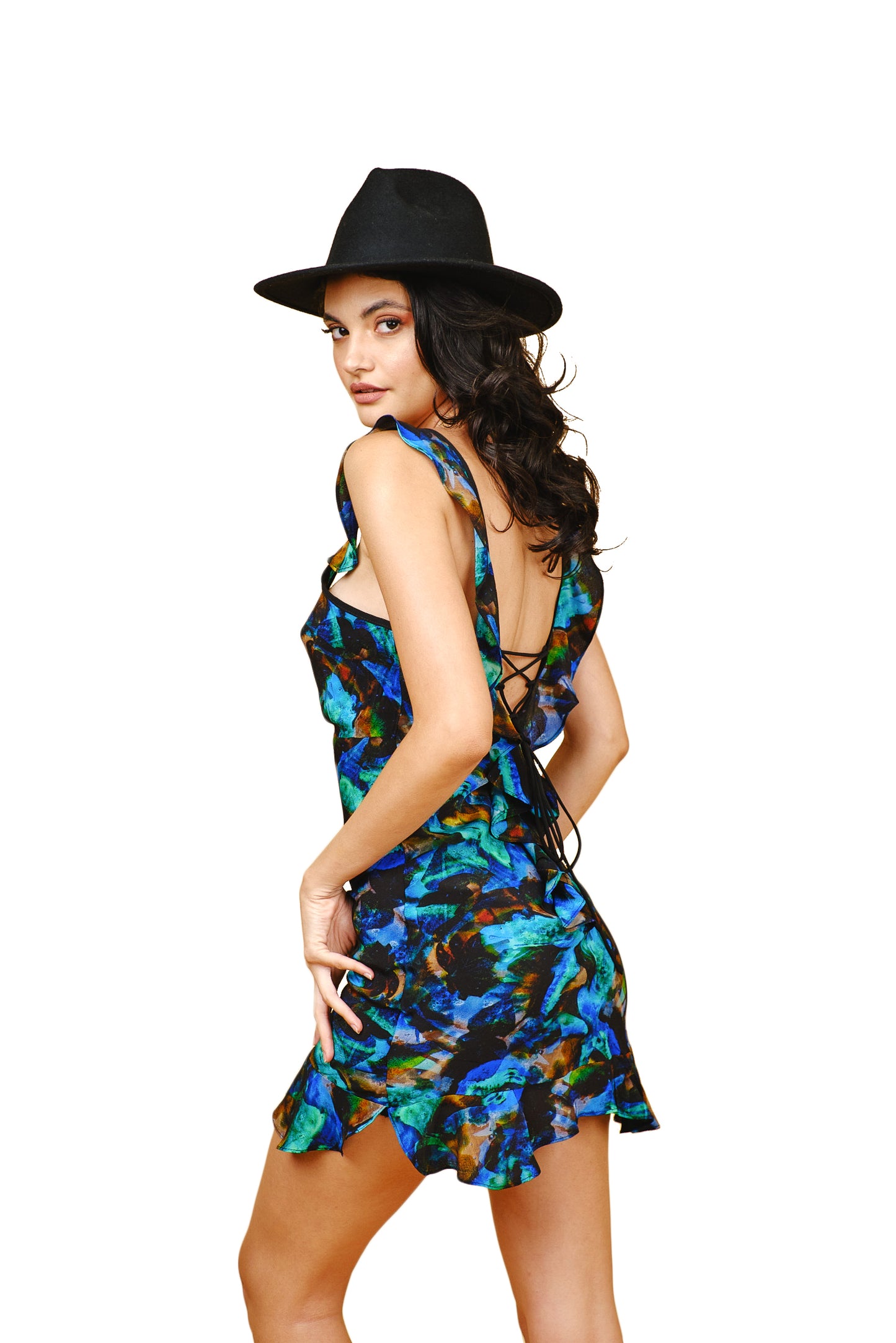KALYPSO MINI RUFFLE DRESS (BLUE SAFFIRE PRINT)